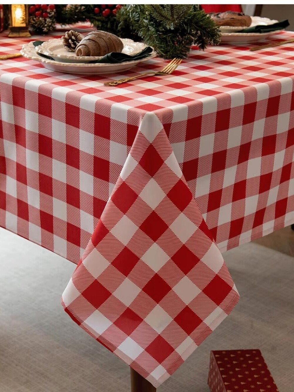 Red & White Buffalo Check Waterproof Polyester Tablecloth 102 X 58